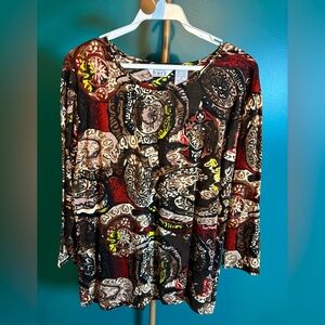 KEREN hart Red and Greenish Yellow Graphic 3/4 Sleeve Blouse